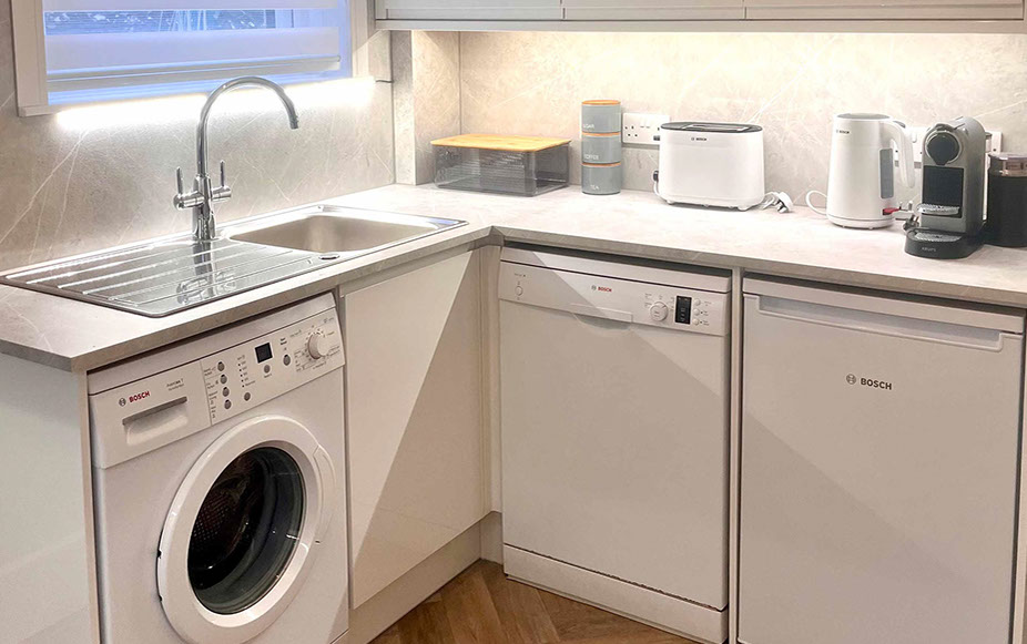 Glas Eilean View Self Catering Accommodation contains a modern kitchen with oven washing machine fridge and Nespresso coffee machine 